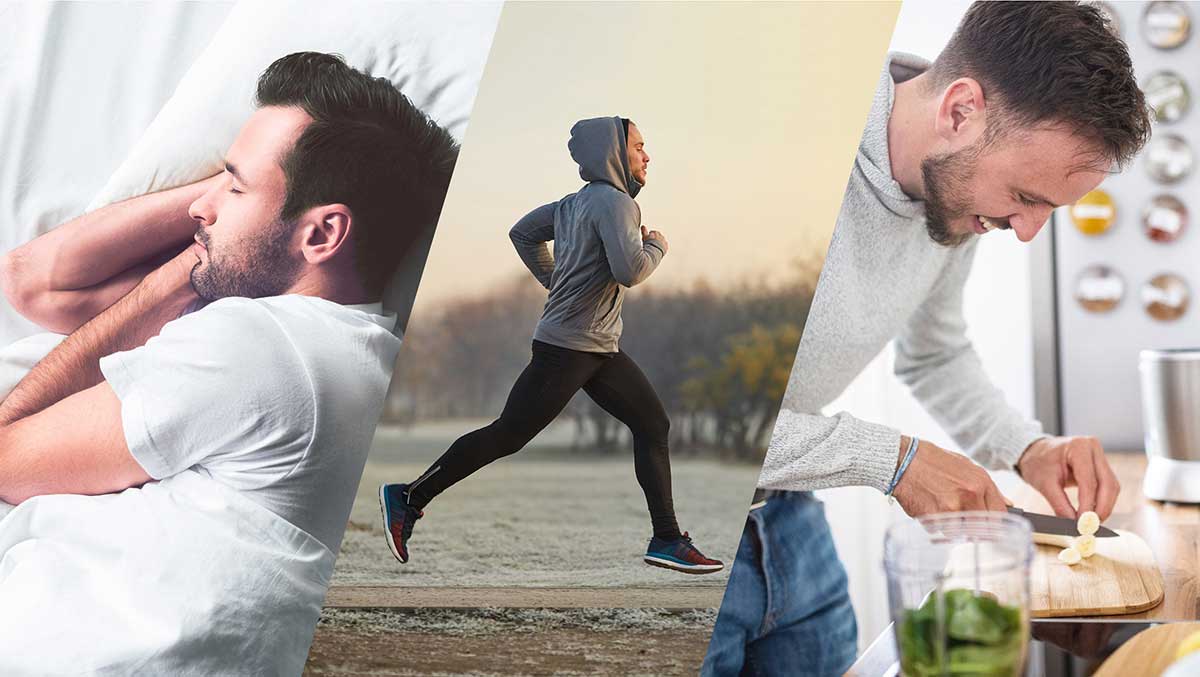 Bildercollage von Mann beim Schlafen, Joggen und Essen zubereiten